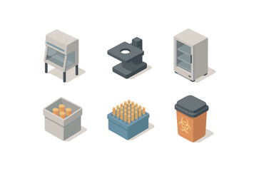 isometric icon items isolated on white background laboratory biosafety cabinet laboratory microscope stage laboratory incubator shelf laboratory sample storage box laboratory pipette tip