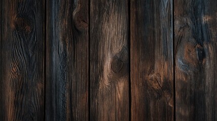 Naklejka premium Close-up of wooden planks featuring rich dark grains, knots, and aged texture, creating rustic and warm aesthetic. Woods deep hue suggests moody atmosphere. Neural network AI generated
