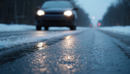 Plakat Car headlights illuminate a wet icy road during a winter snowfall. Driving is hazardous with slippery conditions after freezing rain. Traveling safely is key.
