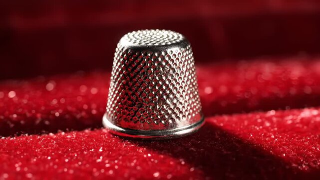 Macro Shot of Silver Thimble on Red Velvet Fabric