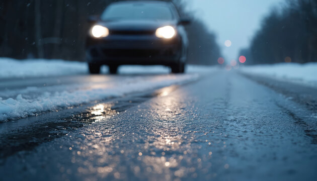 Car headlights illuminate a wet icy road during a winter snowfall. Driving is hazardous with slippery conditions after freezing rain. Traveling safely is key.