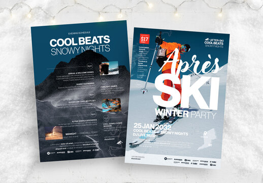 Apres Ski Flyer Poster Template for After Ski Party, Winter Skiing & Ski Resort Events & Festivals