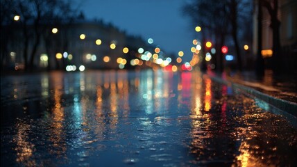 Urban scene with wet street reflecting colorful lights. Silhouettes stroll under dim street lamps. Misty atmosphere enhances melancholic mood. Neural network AI generated