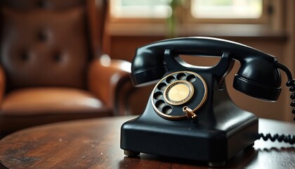Vintage black rotary dial telephone sits on a polished wood table. A classic communication device from a bygone era. This retro phone evokes nostalgia and the past.