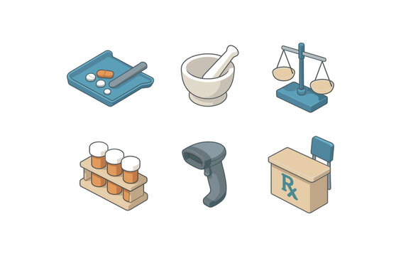 isometric icon items isolated on white background pharmacist pill tray pharmacist mortar and pestle set pharmacist compounding balance scale pharmacist prescription vial rack pharmacist NDC