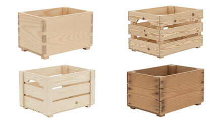 Wooden crates stacked and arranged isolated on a transparent background