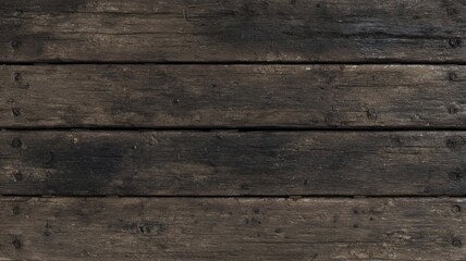 Aged wooden planks displaying rugged texture and darkened patches, creating rustic charm. Weathered surface suggests historical wear, adding character. Viewed from front. Neural network AI generated