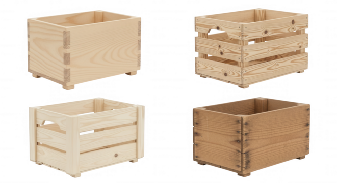Wooden crates stacked and arranged isolated on a transparent background