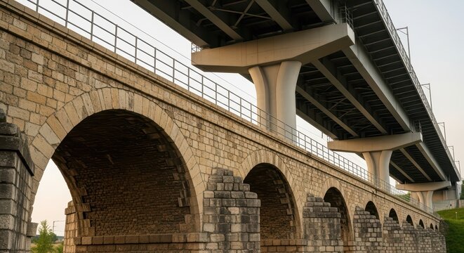 Historic stone arch bridge with modern highway overpass