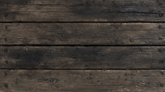 Aged wooden planks displaying rugged texture and darkened patches, creating rustic charm. Weathered surface suggests historical wear, adding character. Viewed from front. Neural network AI generated