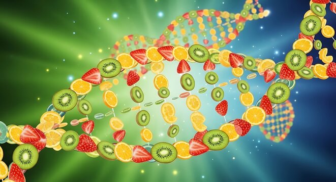 Creative DNA structure featuring vibrant fruit segments for a health concept