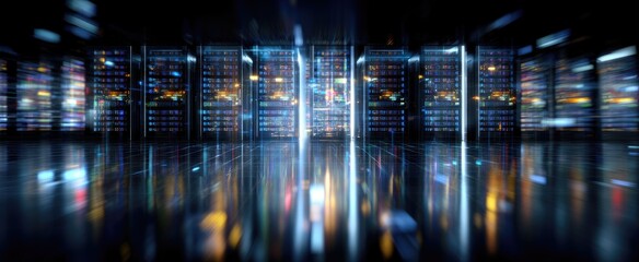 Futuristic server racks illuminated with vibrant light trails