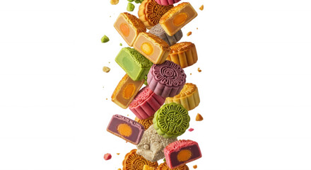 Assorted colorful mooncakes falling isolated on a transparent background