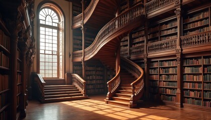 Grand wooden spiral staircase in majestic library filled with bookshelves. Large tall window lets in natural light. Ornate wooden details, rows of books create rich atmosphere. Wooden floor,
