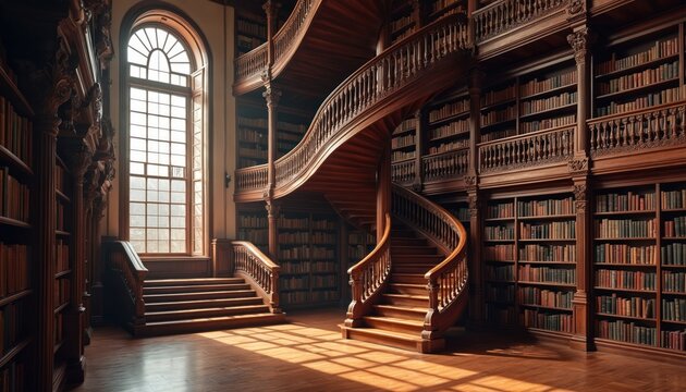 Grand wooden spiral staircase in majestic library filled with bookshelves. Large tall window lets in natural light. Ornate wooden details, rows of books create rich atmosphere. Wooden floor,