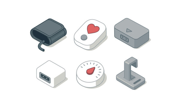 isometric icon items isolated on white background blood pressure monitor cuff Velcro strap blood pressure monitor heartrate sensor pad blood pressure monitor battery compartment cover blood