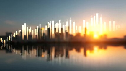 Sunset cityscape with reflected stock graph, economic prosperity in urban finance, market vitality through skyline trends, investment opportunities in city markets, consumer engage - Powered by Adobe