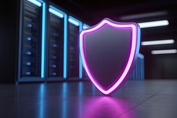 Futuristic server room with glowing shield