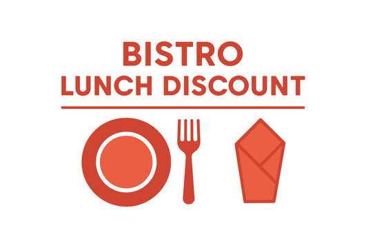 Flat vector banner design text BISTRO LUNCH DISCOUNT supporting icons of plate fork and napkin beige and red palette