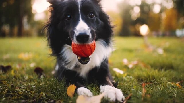 A playful border collie biting a ball in a park