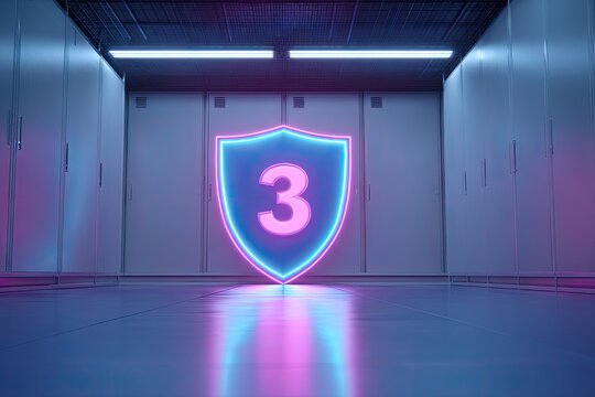 Neon shield with number three in a futuristic corridor