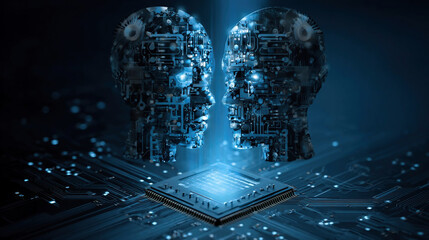 Artificial intelligence circle processor and two human abstract faces. AI innovation concept. Light blue machine learning chip in the center on dark blue technology background.