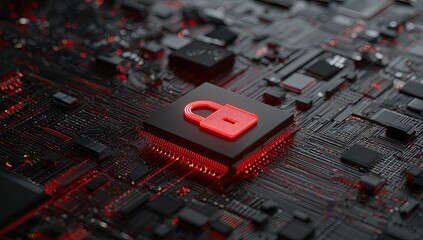 Close-up of circuit board with glowing padlock