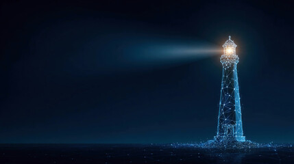 Abstract digital lighthouse with a bright beam on a dark blue technology background in a futuristic style.