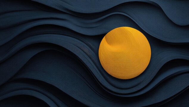 Abstract graphic, dark blue waves, yellow sphere