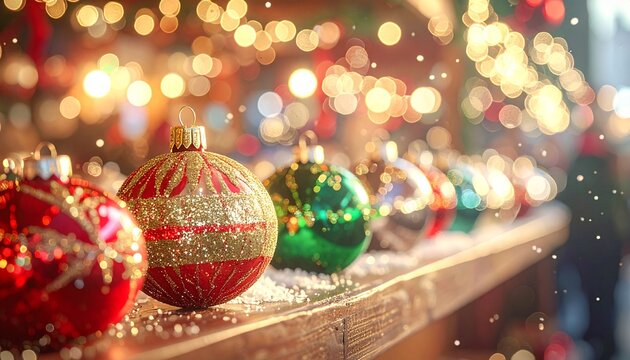 Adorables bolas de Navidad retro con estampado de purpurina en un mostrador de un mercadillo navide&ntilde;o, primer plano. Las bolas tienen colores cl&aacute;sicos:rojo, dorado, verde y plateado, con reflejos