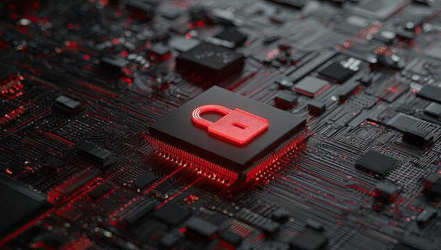 Close-up of circuit board with glowing padlock