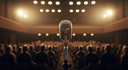 Vintage Microphone on Stage Facing Audience in Spotlight