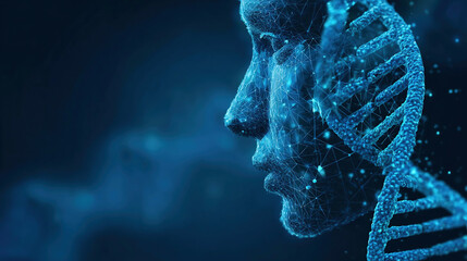 Digital Human face and DNA double helix on a blue technology background. DNA molecule hologram and AI robot head.