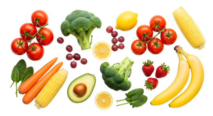 A vibrant assortment of fresh fruits and vegetables, including tomatoes, broccoli, bananas, and corn, promoting healthy eating and nutritious living.

