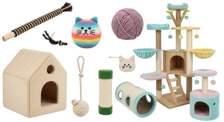 Cat toys and furniture collection isolated on a transparent background