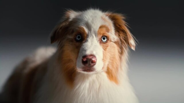 A white and brown border collie dog with blue eyes