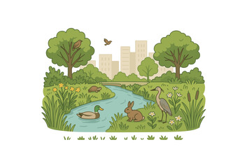 reclaimed canal ecosystem urban biodiversity corridor and habitat creation flat vector illustration style isolated on white background