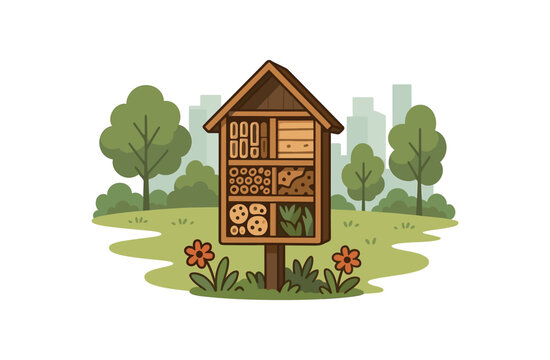insect hotel city park biodiversity support and pollinator conservation flat vector illustration style isolated on white background