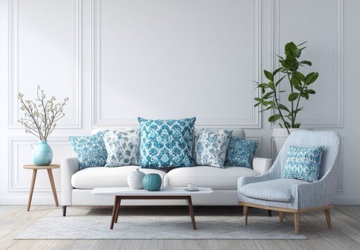 Elegant living room interior with white sofa blue cushions and decorative plants