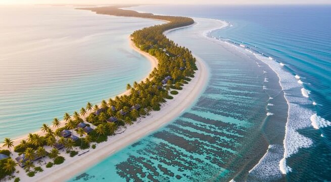 Aerial drone flight over a long tropical island atoll