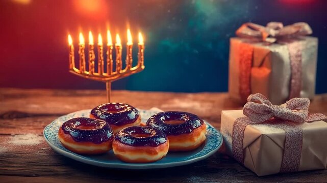 Cozy festive Hanukkah display with sufganiot, menorah, and wrapped gifts set against a colorful background