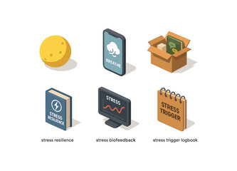 isometric icon items isolated on white background stress relief squeeze ball stress reduction breathing app stress management workshop kit stress resilience training manual stress