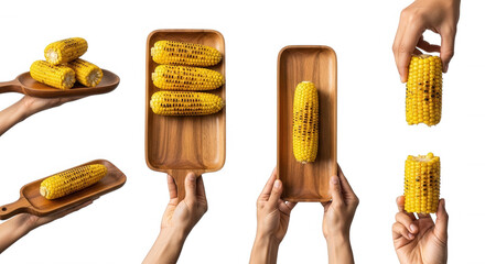 Grilled corn on wooden trays isolated on a transparent background