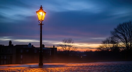 Obraz premium Vintage street lamp illuminated at dusk in serene urban landscape