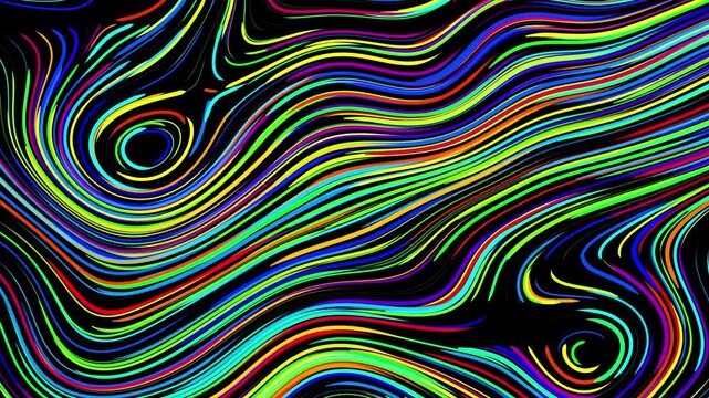 Abstract creative looped bg with curled lines like trails of different colors. Lines form swirling pattern like curle noise. Abstract 3d looping flowing animation as bright creative festive background