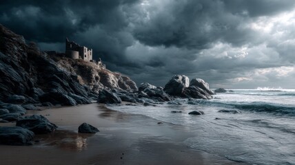 Obraz premium Turbulent ocean waves crash against rocky shoreline under ominous storm clouds. Dramatic lighting highlights churning sea and dark sky, creating intense, moody atmosphere. Neural network AI generated