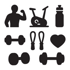 Fitness gym equipment icon set health sport training silhouette