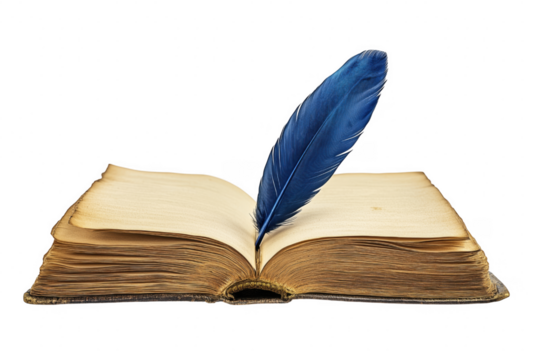 Open book with blue feather quill isolated on a transparent background - Powered by Adobe