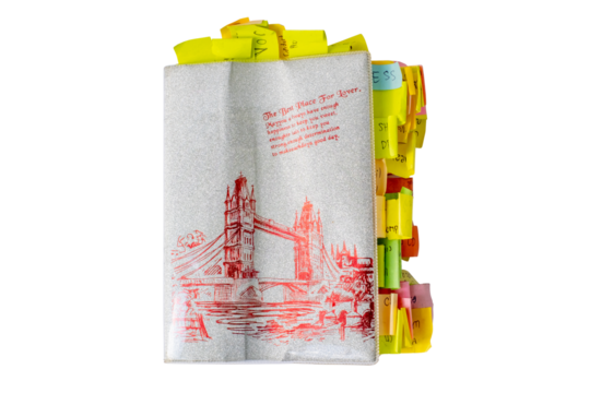 Notebook filled with colorful sticky notes and tabs for study and organization. The cover shows a red sketch of Tower Bridge, symbolizing creativity, planning, and academic focus, isolated