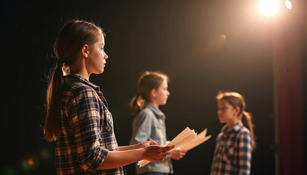 Young actors practice lines on theater stage under warm spotlight. Kids rehearse dialogue holding scripts, preparing for performance. Future stars learn acting skills for play.